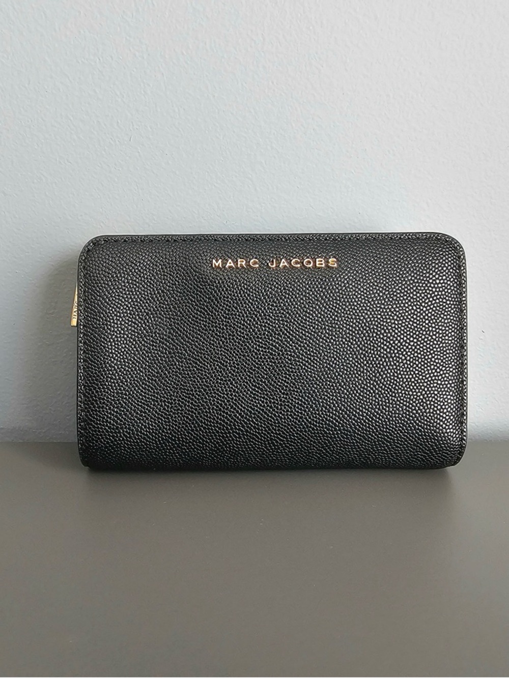 Marc Jacobs Black Pebbled Leather Zip-Around Wallet with Gold Logo
